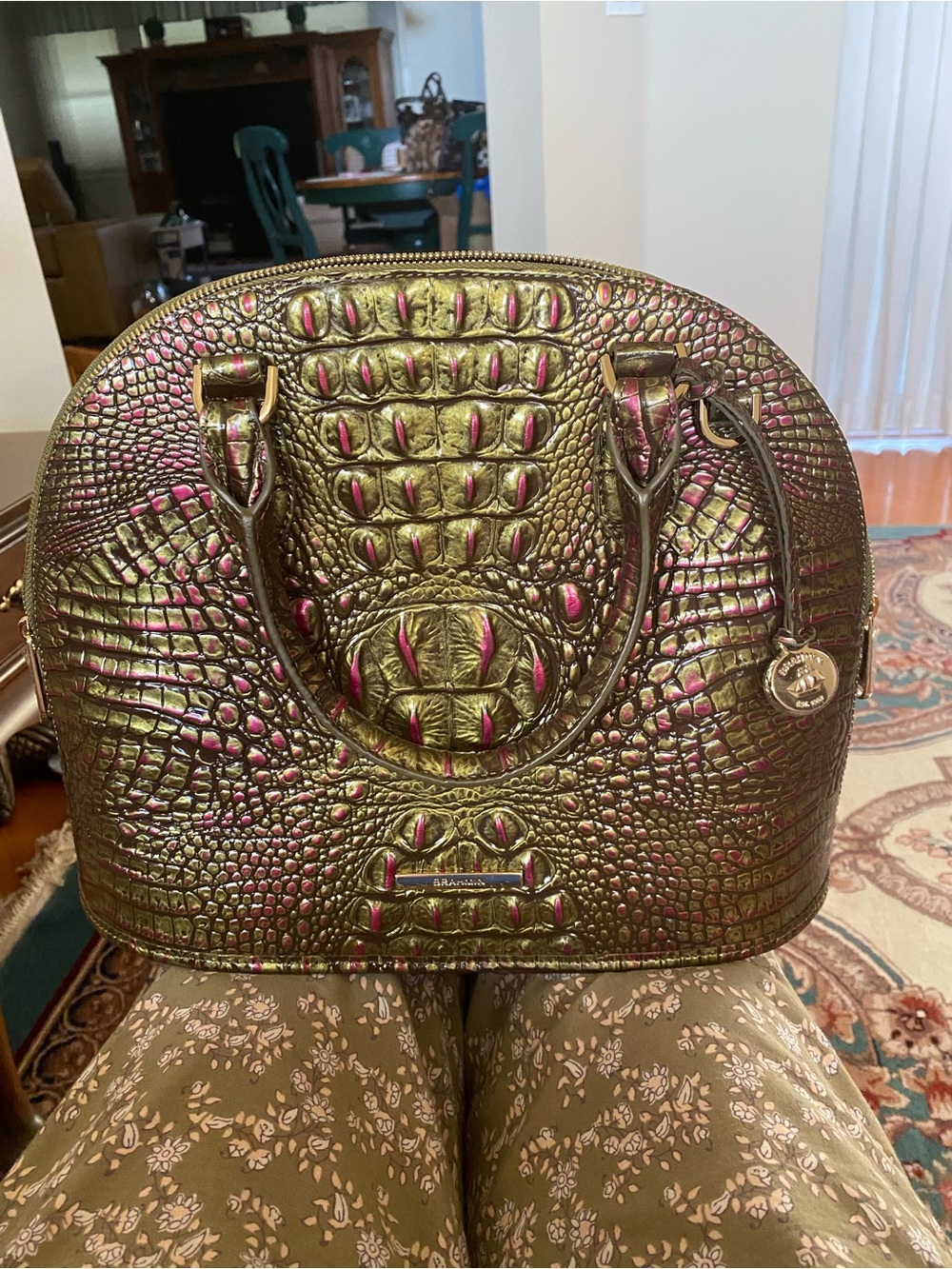 Metallic Gold and Pink Croc-Embossed Dome Satchel - Picture 2 of 6